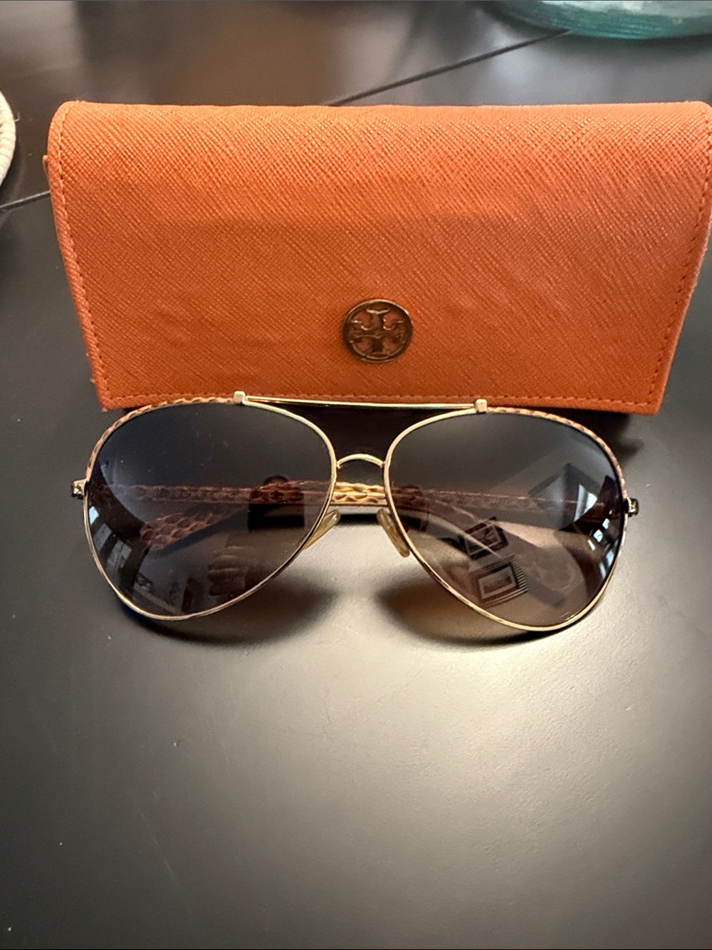 Tory Burch Gold Aviator Sunglasses with Orange Case